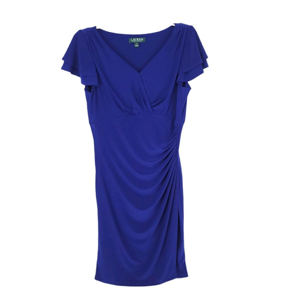 Ralph Lauren Dress Womens 10 Short Sleeve Knee Long V Neck Stretch Flutter Blue